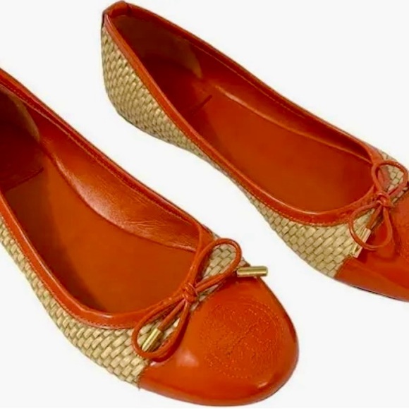TORY BURCH Orange Patent Basket Weave Ballet - Picture 1 of 9